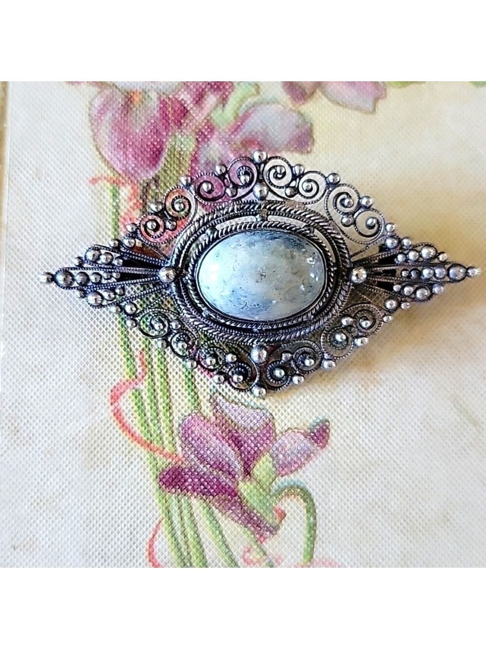 Victorian Filigree Pin Brooch with Granulation and Bezel Set Gemstone